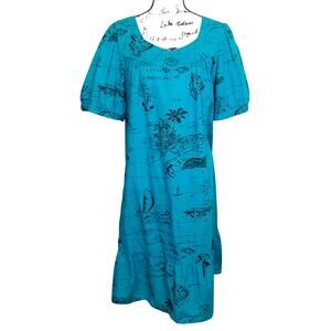 Vintage 80s Hawaiian House Dress Tropical Ocean Nautical Map MuuMuu Womens M